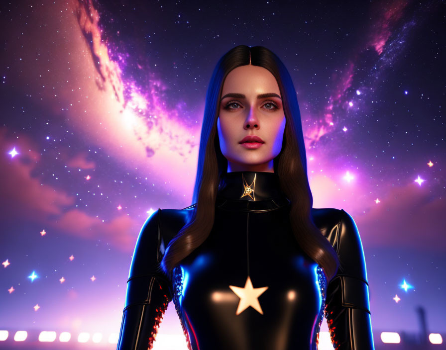 Cosmic-themed digital artwork of a woman in black suit under starry sky