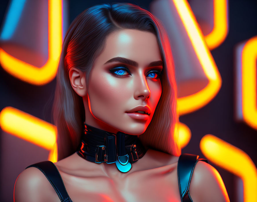 Woman with blue eyes and makeup under neon red and blue lights