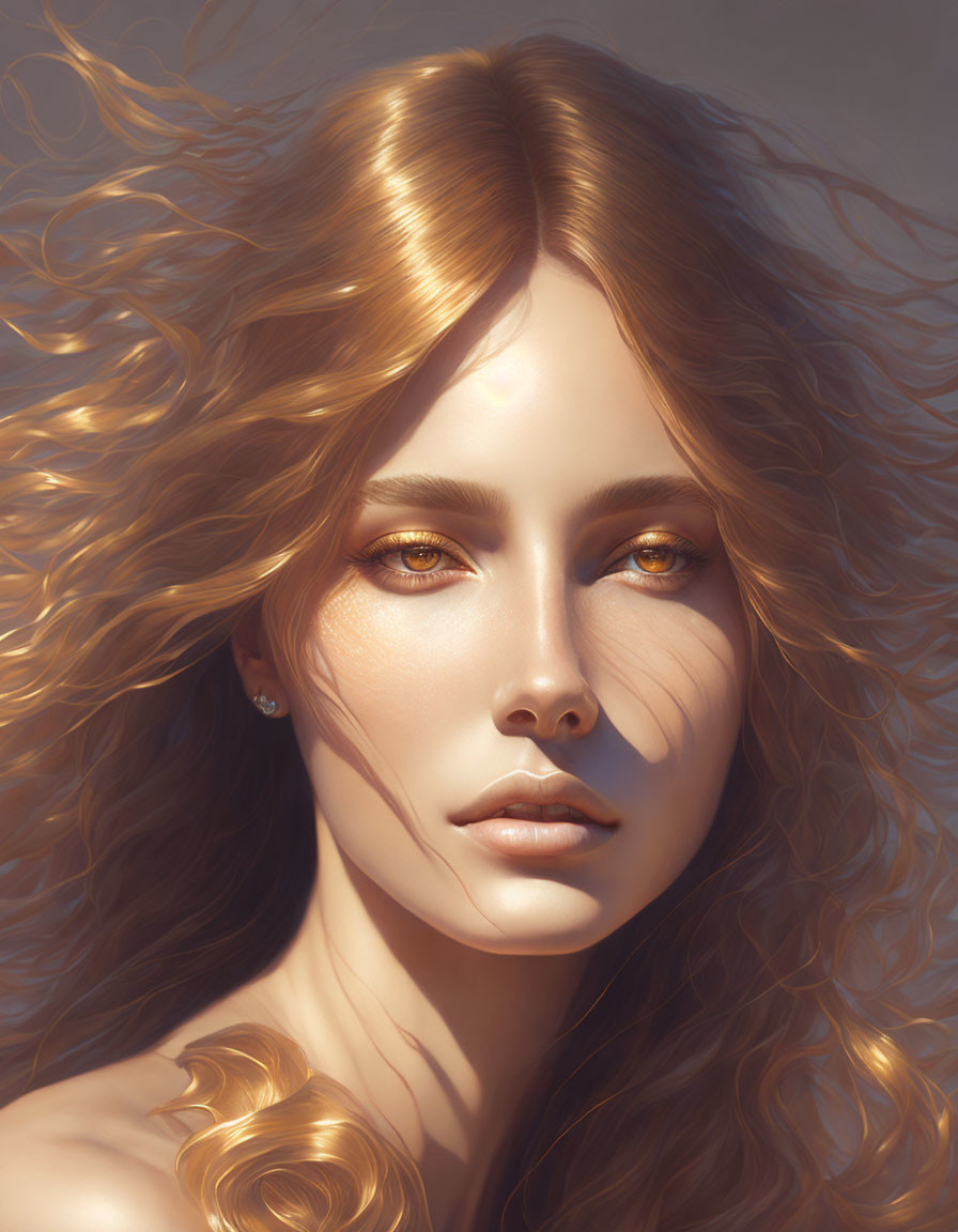 Digital portrait of a woman with golden hair and hazel eyes in sunlit scene