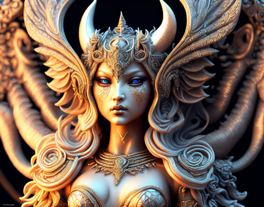 Fantasy digital artwork of ornate female figure with golden headgear and intricate facial markings