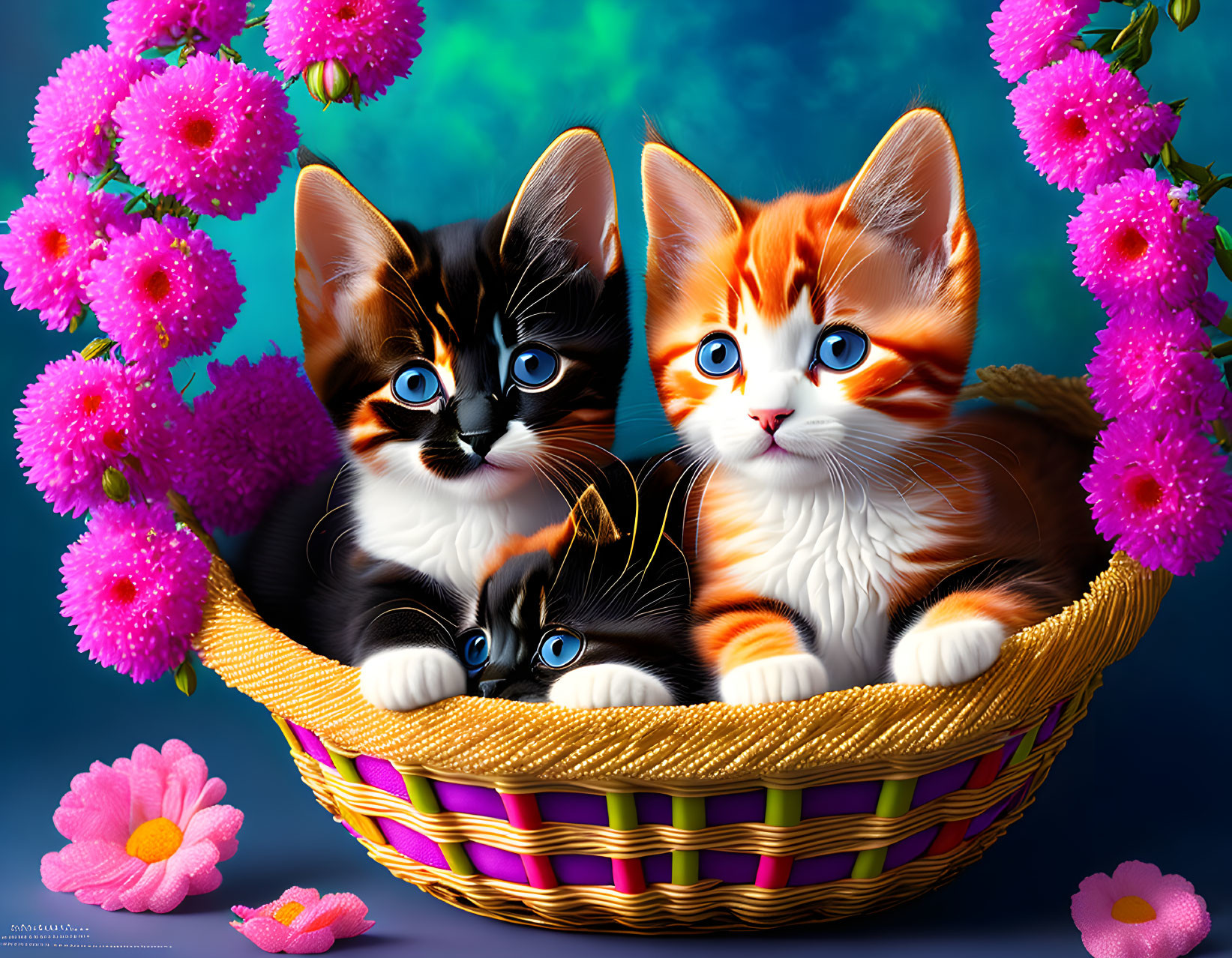 Colorful Cartoon Kittens in Basket with Pink Flowers on Blue Background