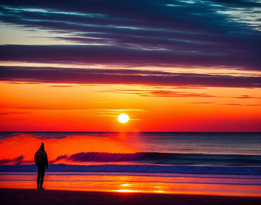 Sunset Beach Scene with Vibrant Orange Skies and Sun Reflection on Waves