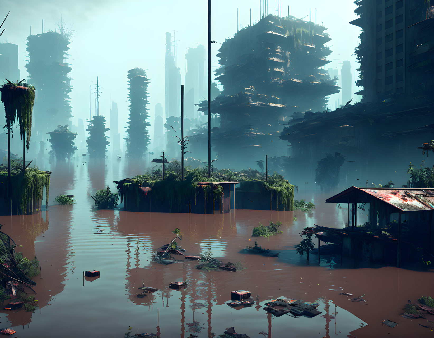 Submerged post-apocalyptic cityscape with overgrown vegetation and reflections.