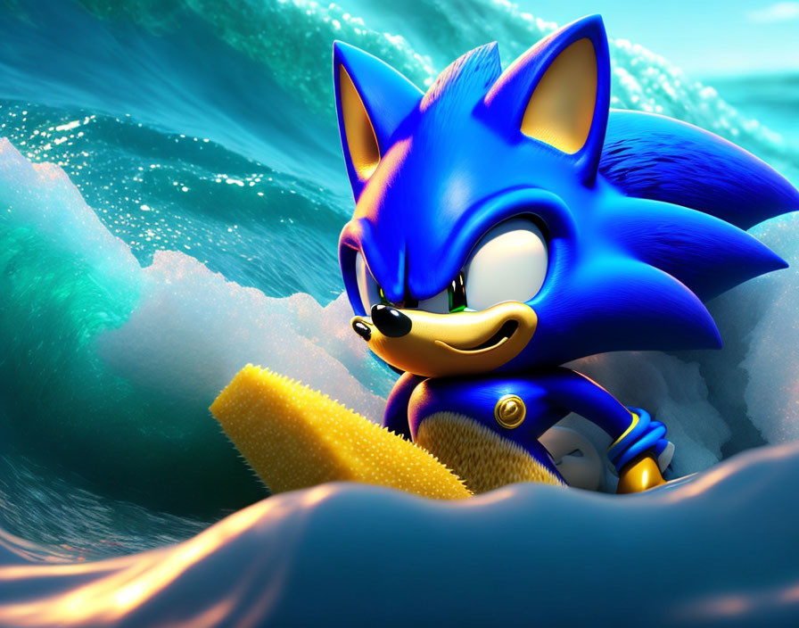 Blue animated hedgehog surfing confidently on vivid blue ocean wave