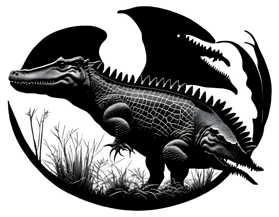 Monochrome dragon with alligator body and bat wings on circular background.