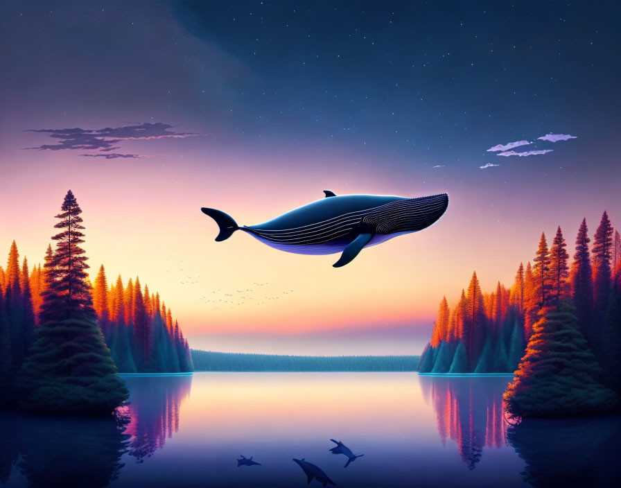 Giant surreal whale above mirror lake in twilight forest