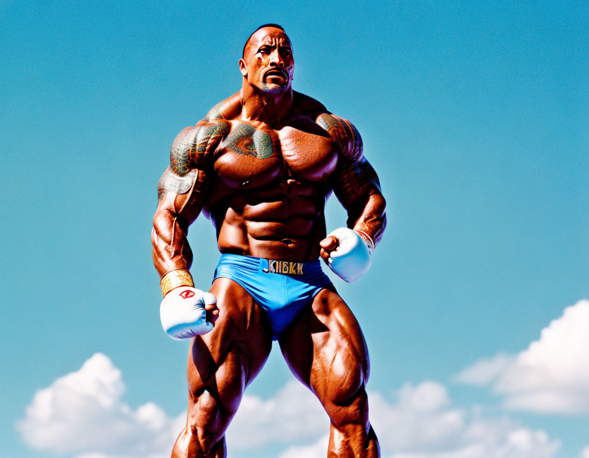 Muscular boxer in blue trunks and gloves against blue sky