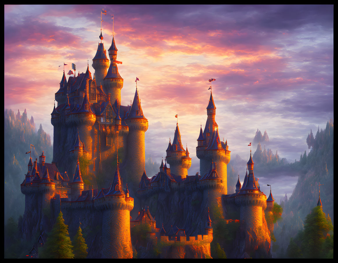 Castle on Cliff at Sunset with Dragon and Forest