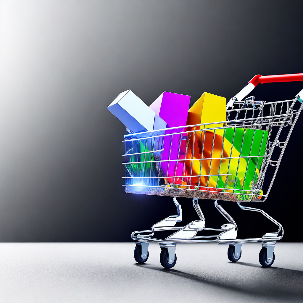 Colorful Shopping Cart with Rectangular Bars on Gradient Background