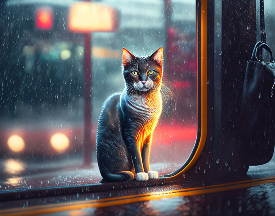 Cat sitting by window with neon-lit street on rainy evening