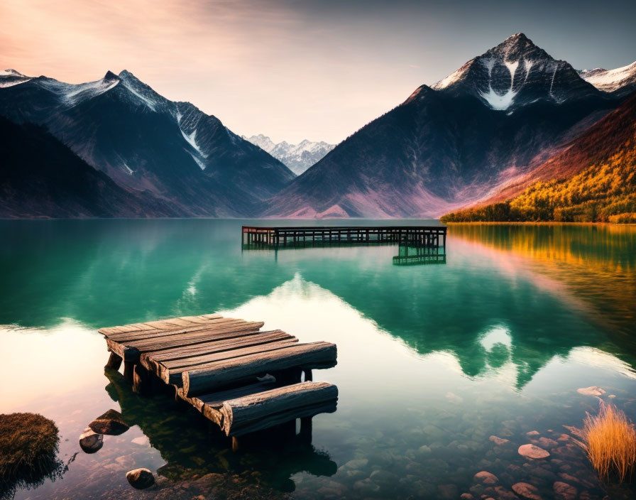 Serene Lake with Mountain Reflections and Wooden Jetty at Sunrise or Sunset