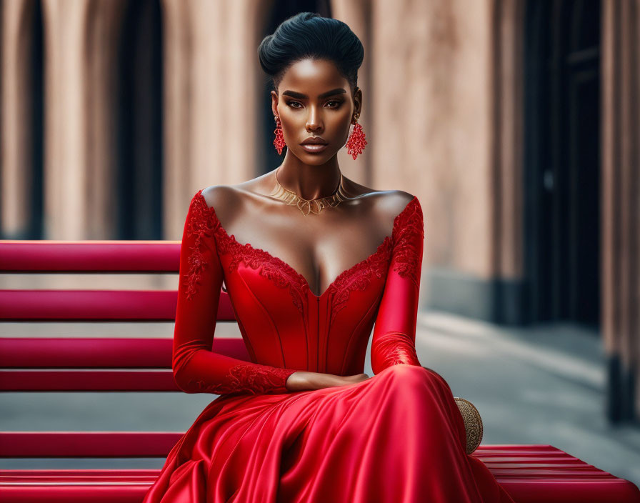 Stylish woman in red dress against classic architecture