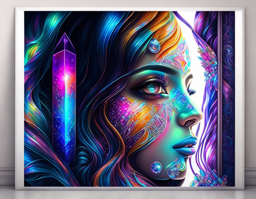 Vibrant hair and crystal in cosmic-themed portrait