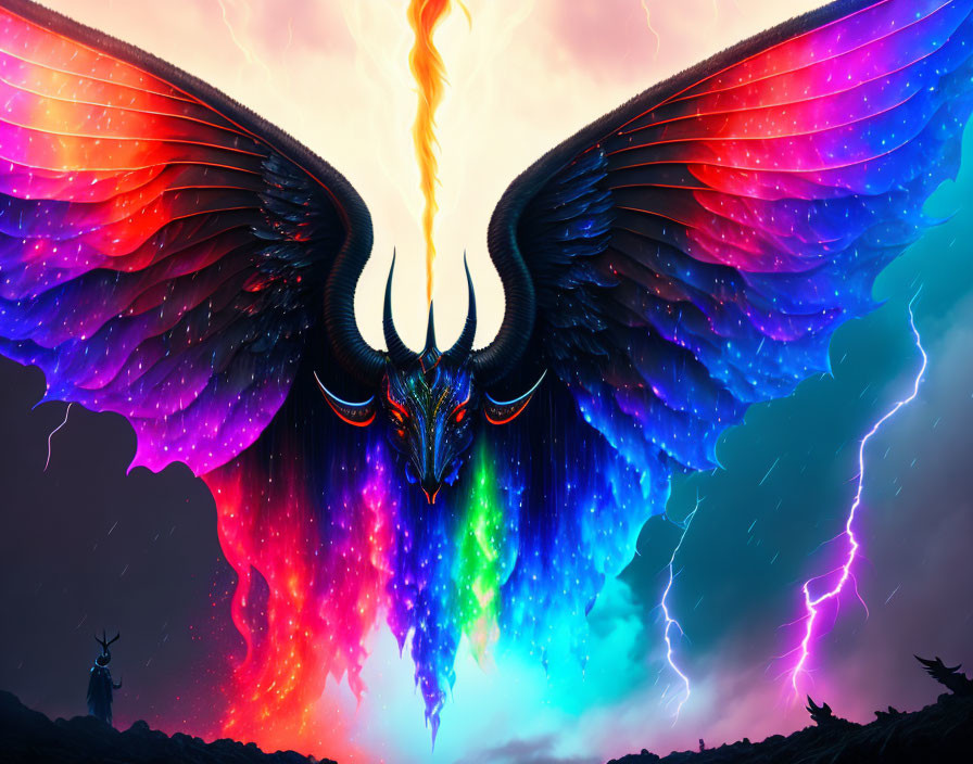 Colorful winged creature with glowing eyes in stormy sky with lightning, human figure below