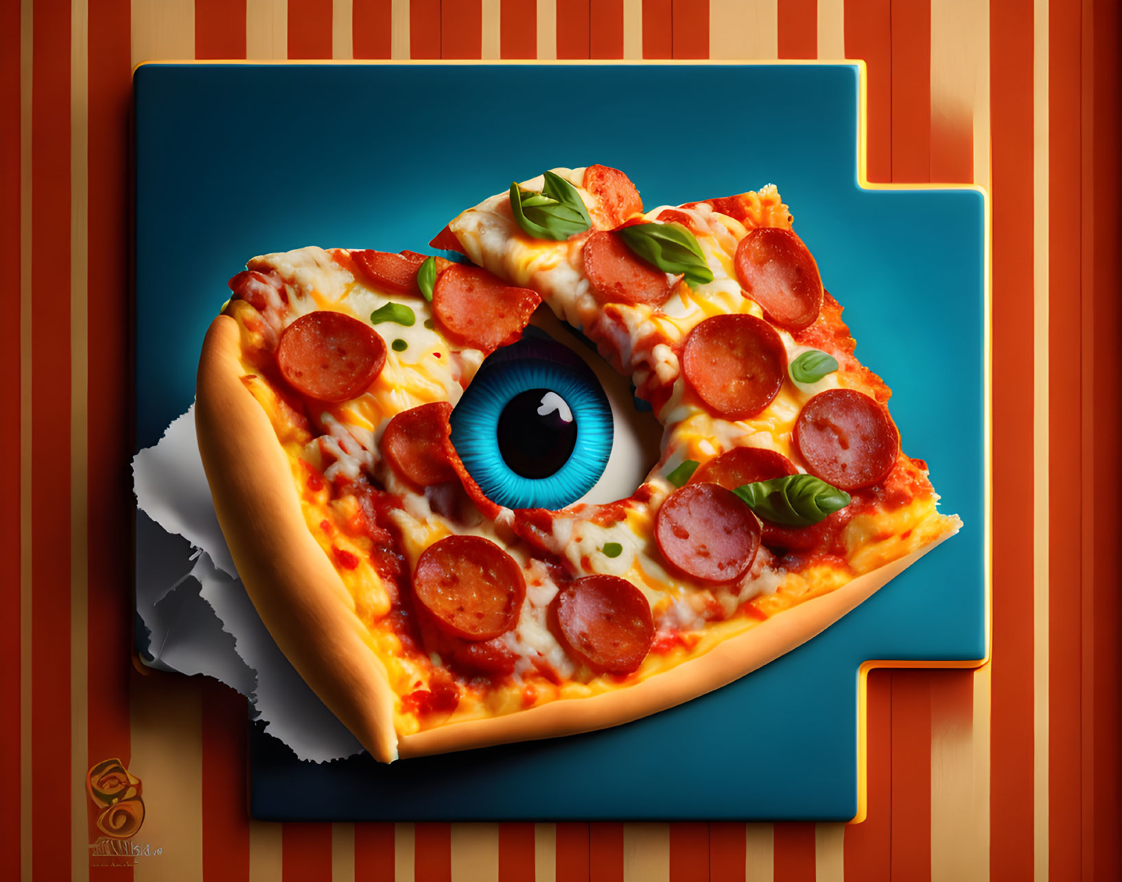 Surreal pizza slice with eye, pepperoni, and basil on colorful backdrop