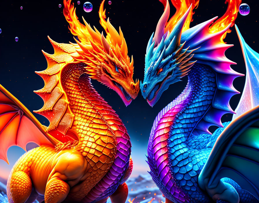 Colorful Dragons Encounter in Cosmic Setting