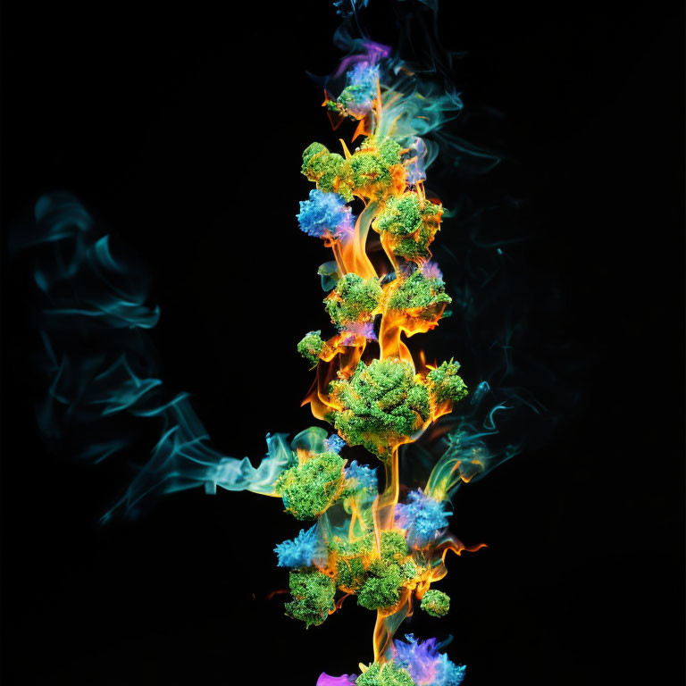 Multicolored fiery broccoli column on black background.