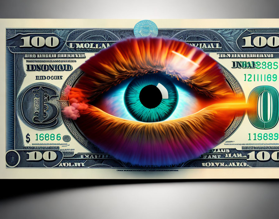 Human eye on $100 bill symbolizing financial vision