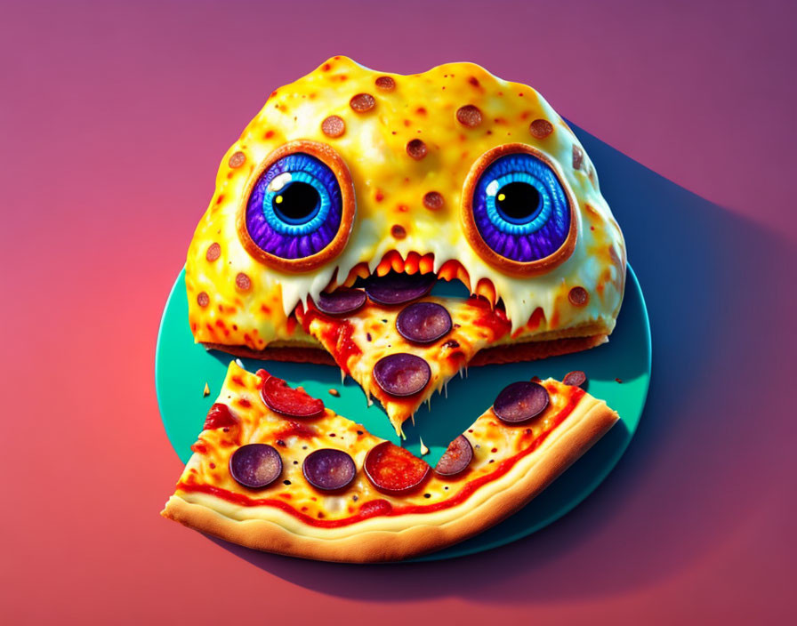 Whimsical pepperoni pizza with cartoonish eyes on purple background