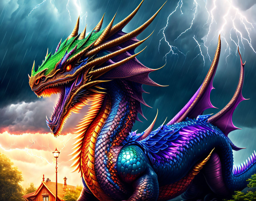 Blue and Green Dragon in Stormy Sky with Lightning