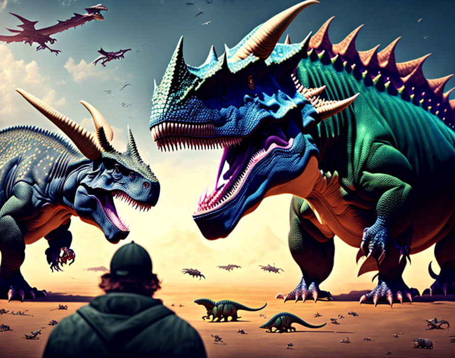 Vivid surreal landscape with gigantic colorful dinosaurs and flying reptiles