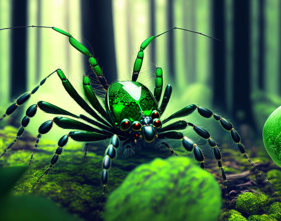 Green jewel-like spider in mystical forest with vibrant green tones