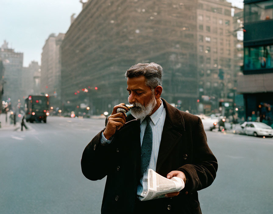 Bearded Man Reading Newspaper on Busy City Street with Traffic Lights