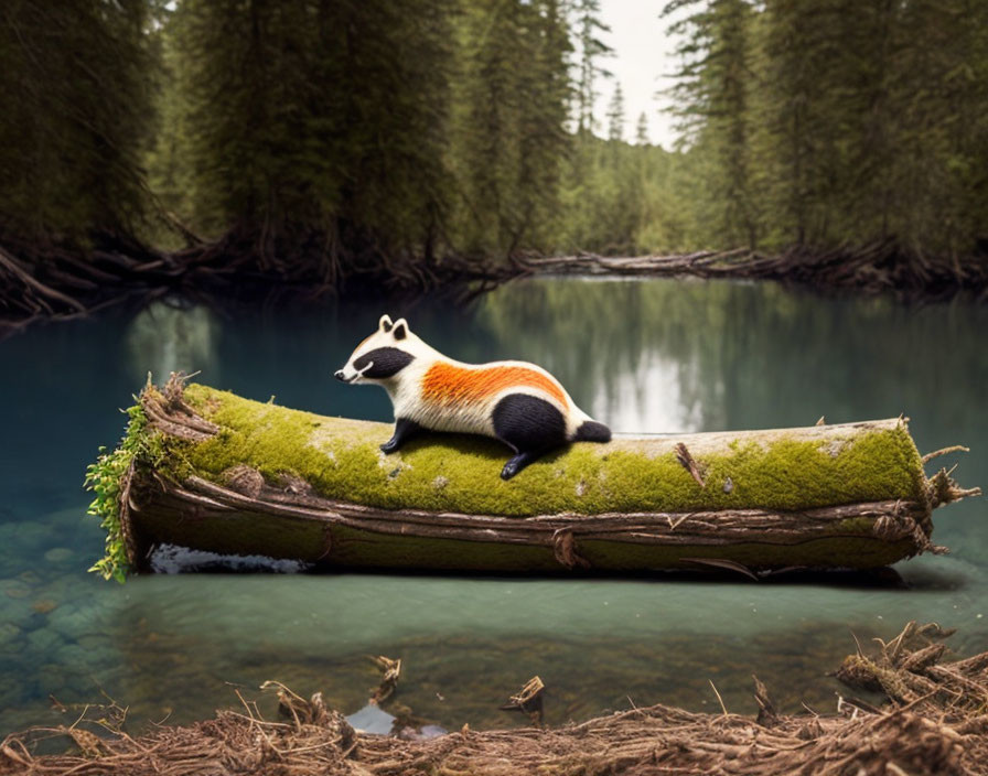 Toy badger on mossy log above forest river with pine trees