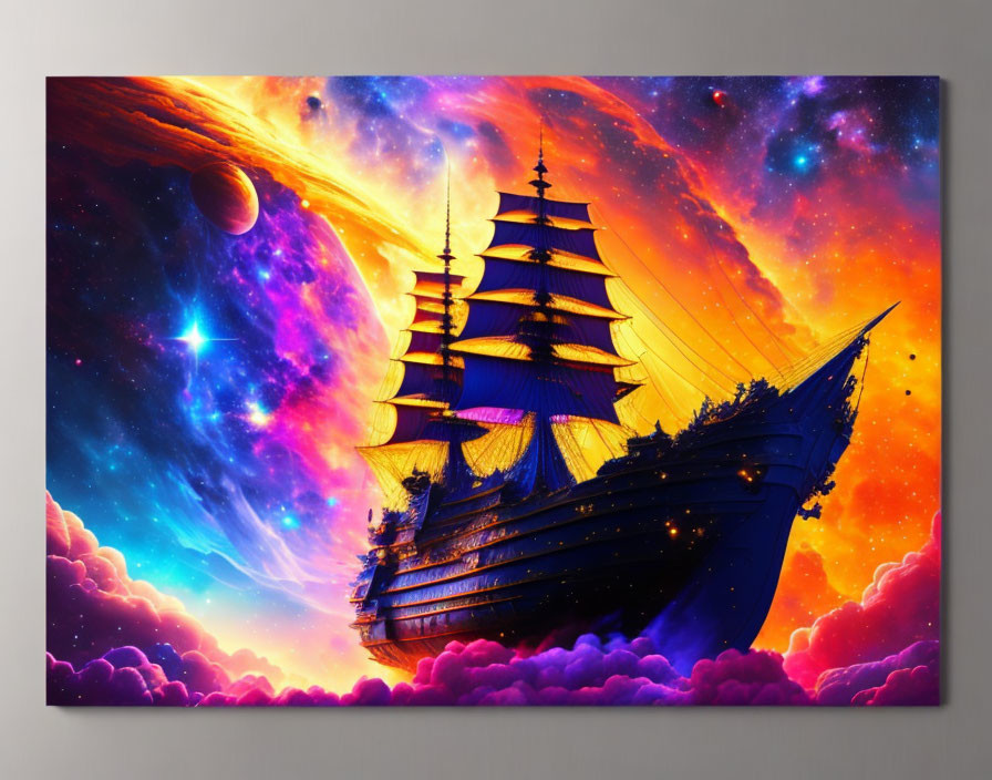 Colorful digital artwork of sailing ship in cosmic sky