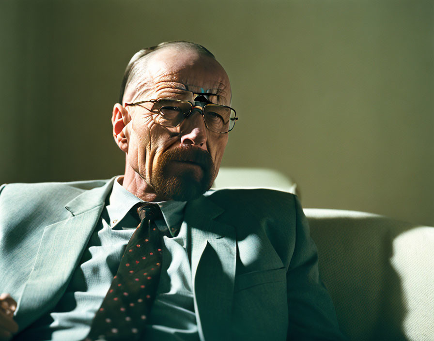 Man in glasses sitting in shadowed room wearing suit and tie.