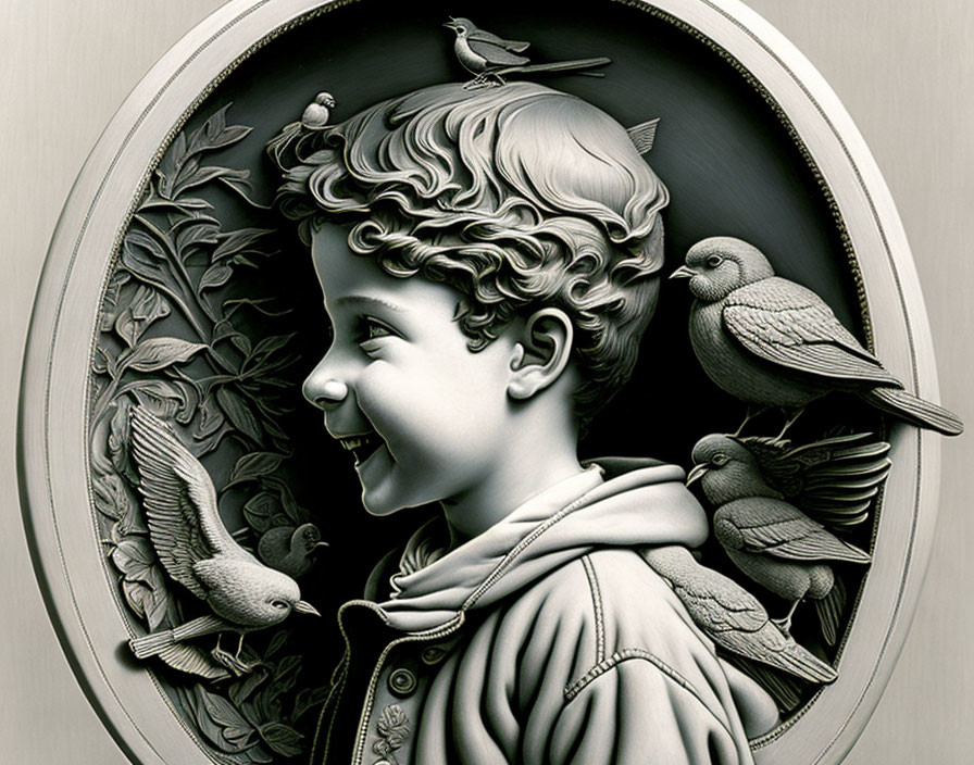 Monochromatic bas-relief of child with birds and foliage in oval frame