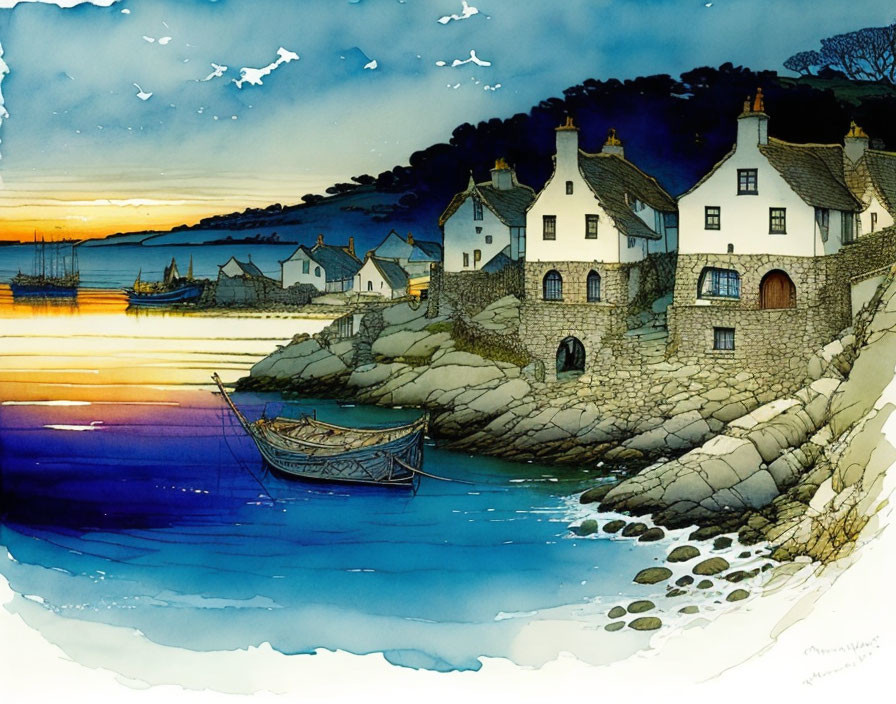 Tranquil coastal dusk scene with houses, rowboat, calm sea, and birds in amber sky