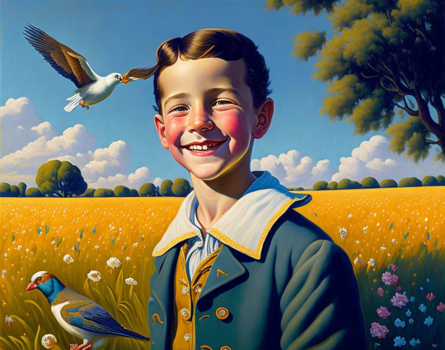 Smiling boy in vintage jacket surrounded by nature and birds
