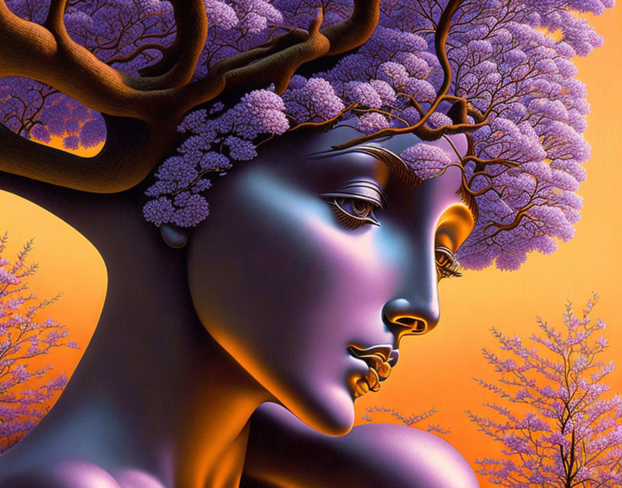 Surreal woman profile with tree branches and purple foliage on orange backdrop with crescent moon