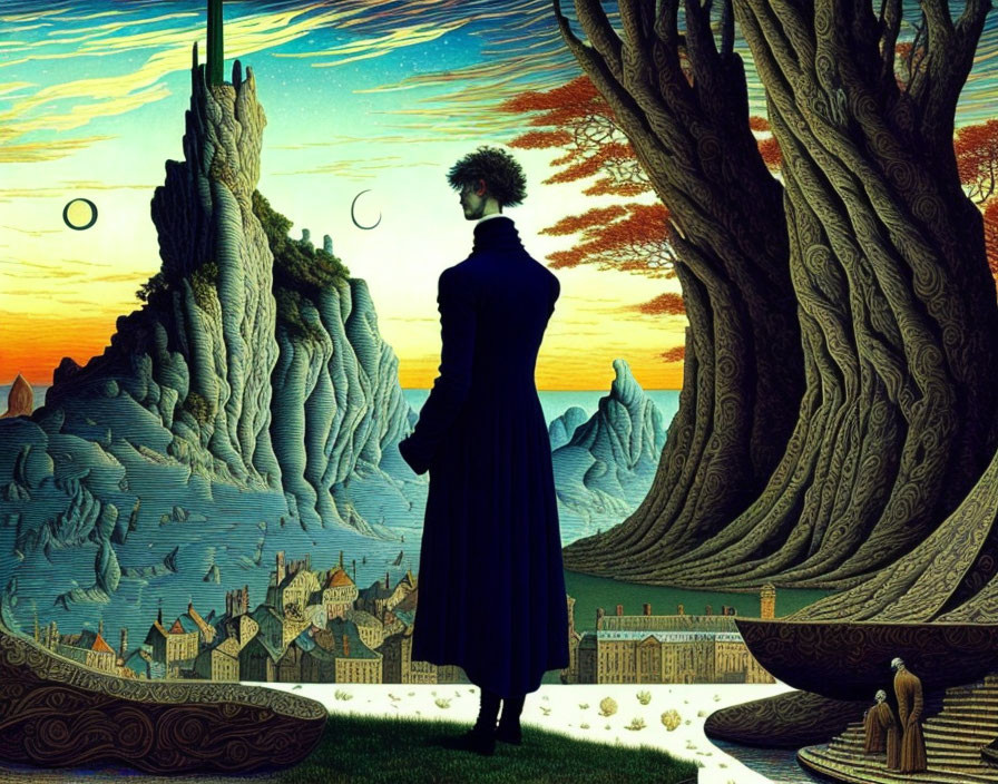 Person in Blue Coat Observing Surreal Landscape with Rock Formation