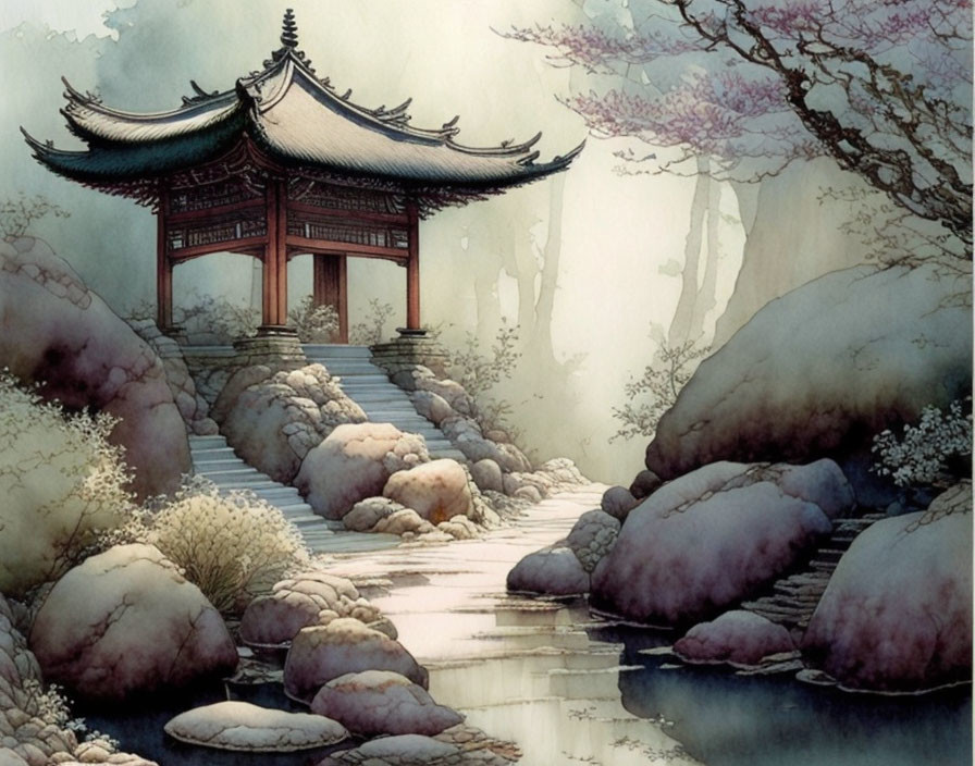 Traditional Asian pavilion in misty watercolor landscape