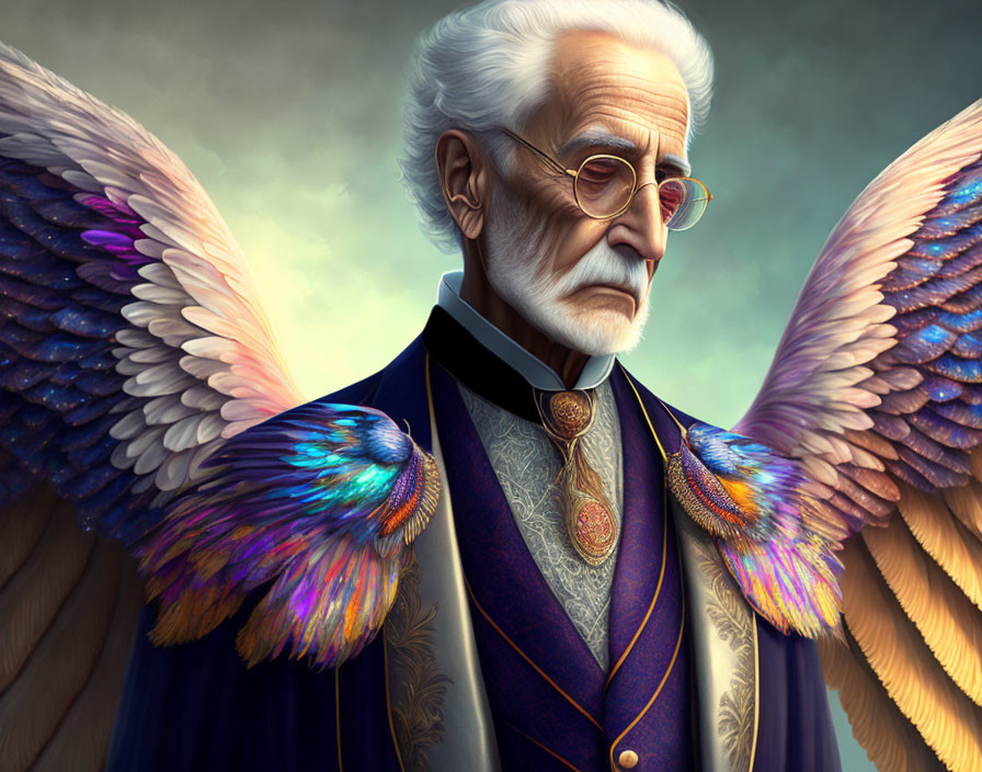 Elderly man with white hair, beard, round glasses, and angel wings in formal suit.