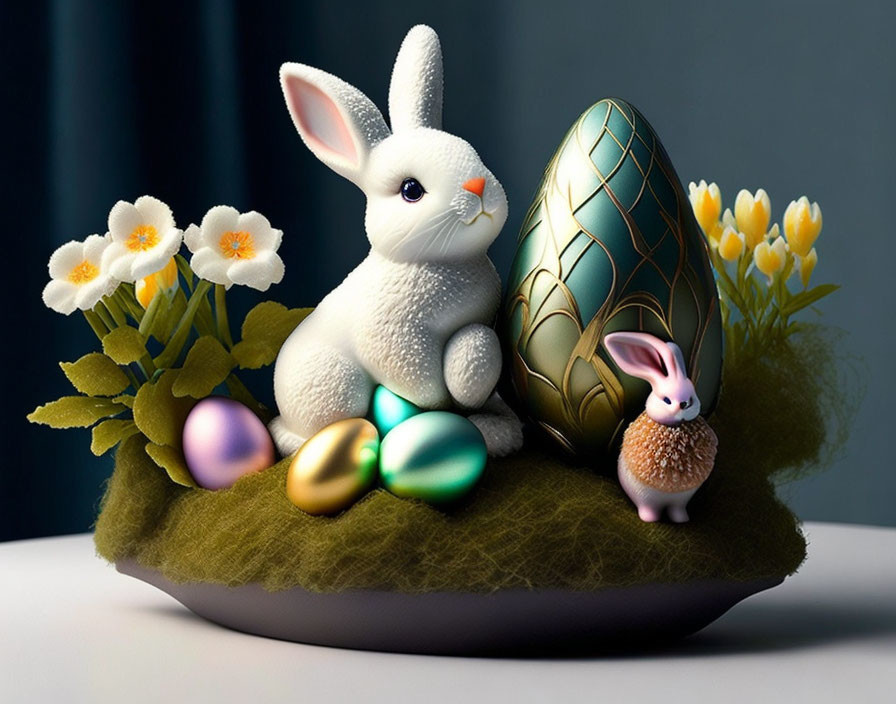 Whimsical Easter display with white and brown bunnies, colorful eggs, and daffod