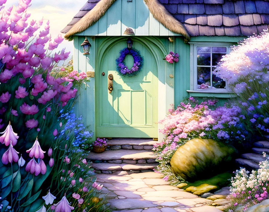 Colorful Cottage with Green Door Surrounded by Blooming Flowers