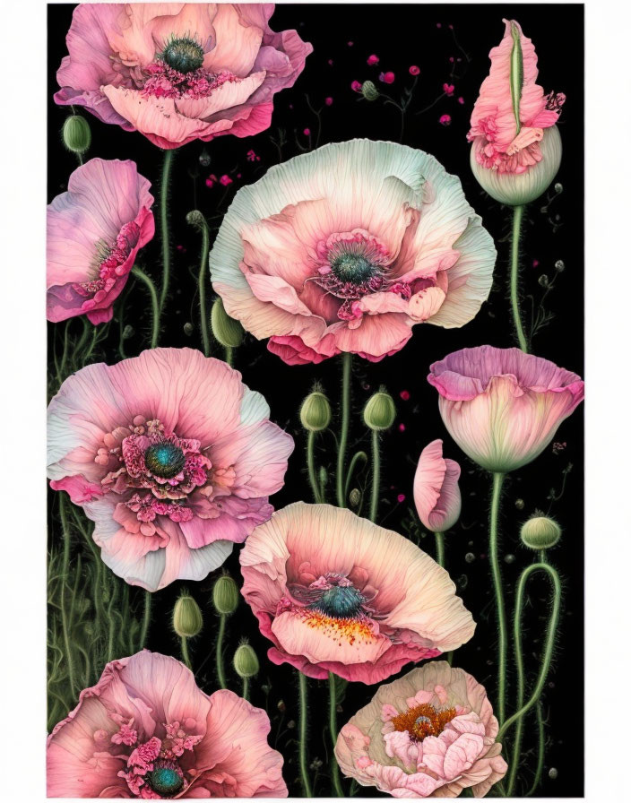 Pink poppies stages: blooming flowers, buds, petals on dark background with dreamy ambiance