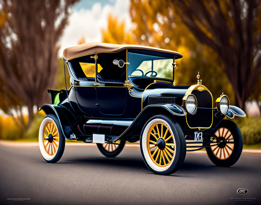 Vintage black car with golden accents and wooden-spoked wheels in autumn setting