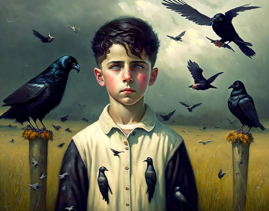 Dark-haired boy among crows in gloomy field with dandelions