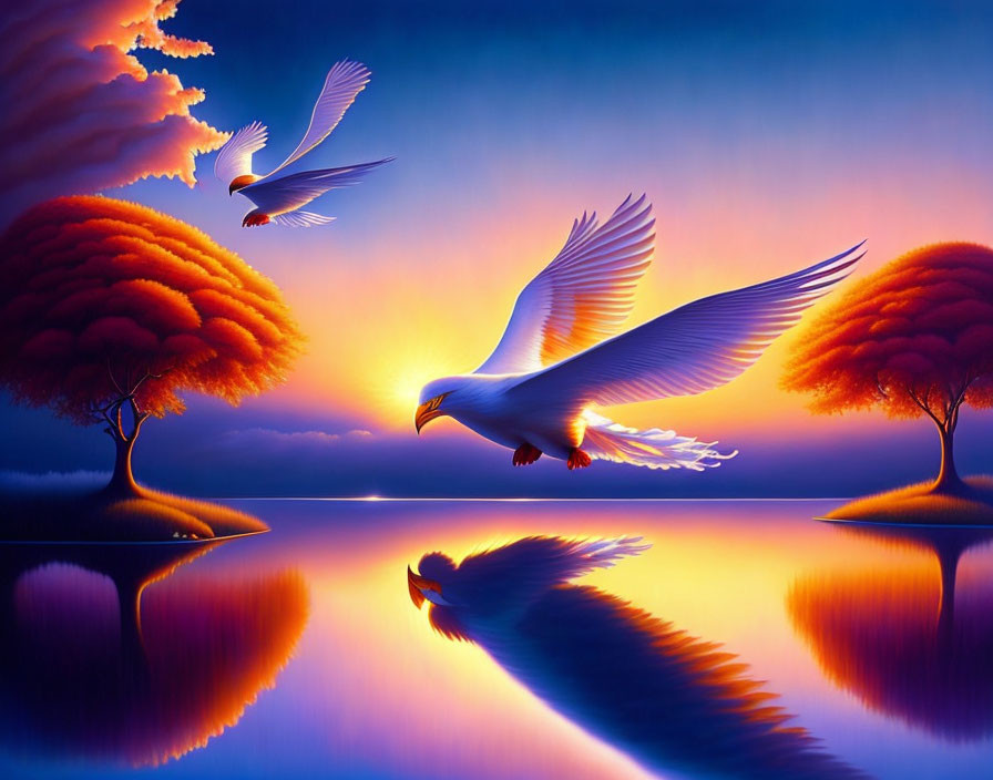 Colorful digital artwork: Two white birds flying over mirrored lake