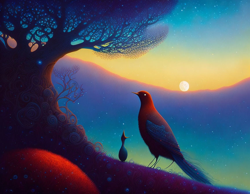 Stylized birds under fantastical tree in vibrant dusk sky