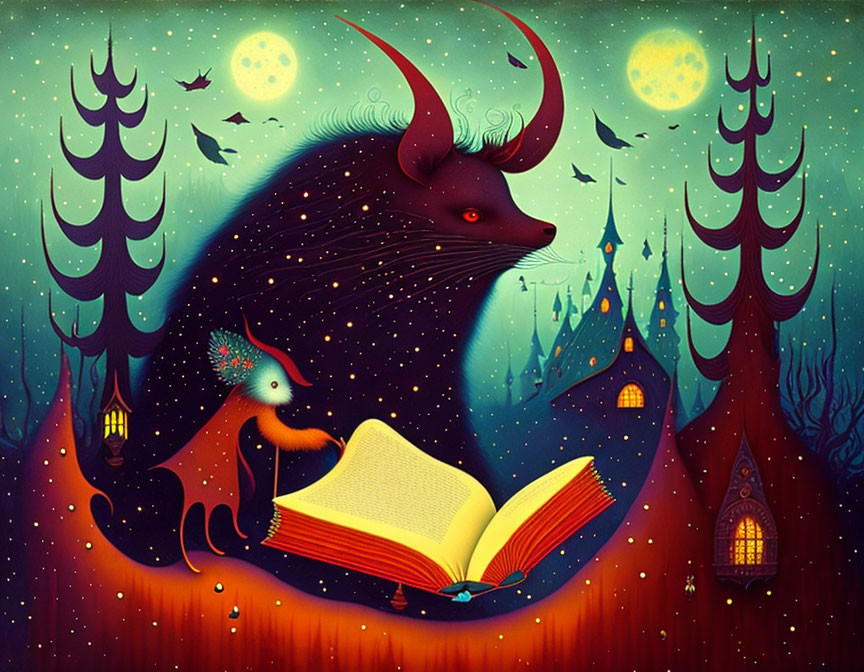 Illustration of mythical bull and fox reading under starry sky