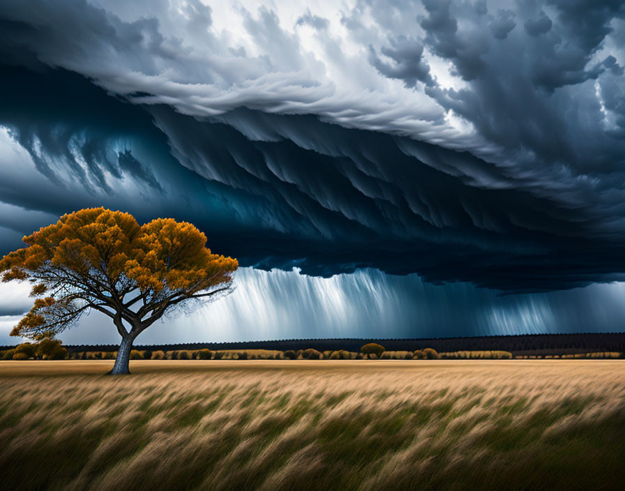Solitary tree with golden leaves in windy field under stormy sky