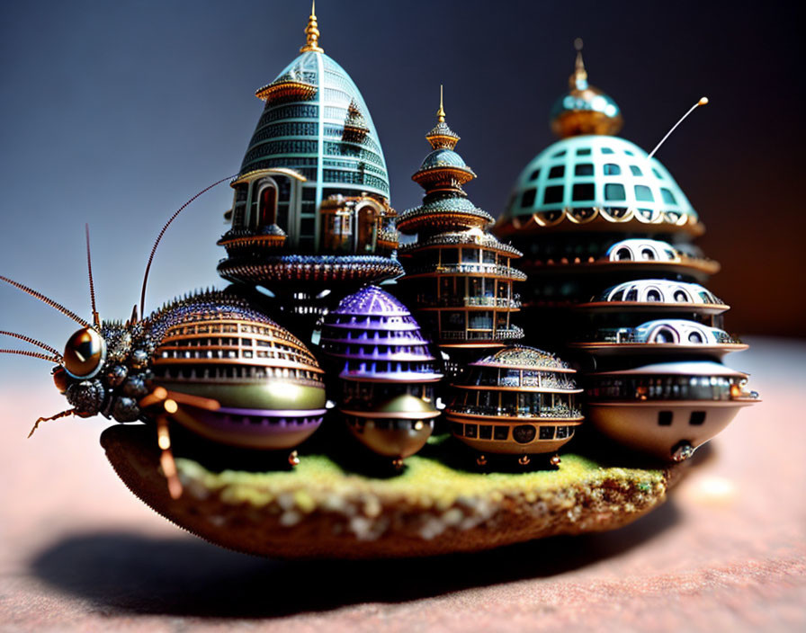 Fantastical digital artwork: Beetle carrying miniature city on its back