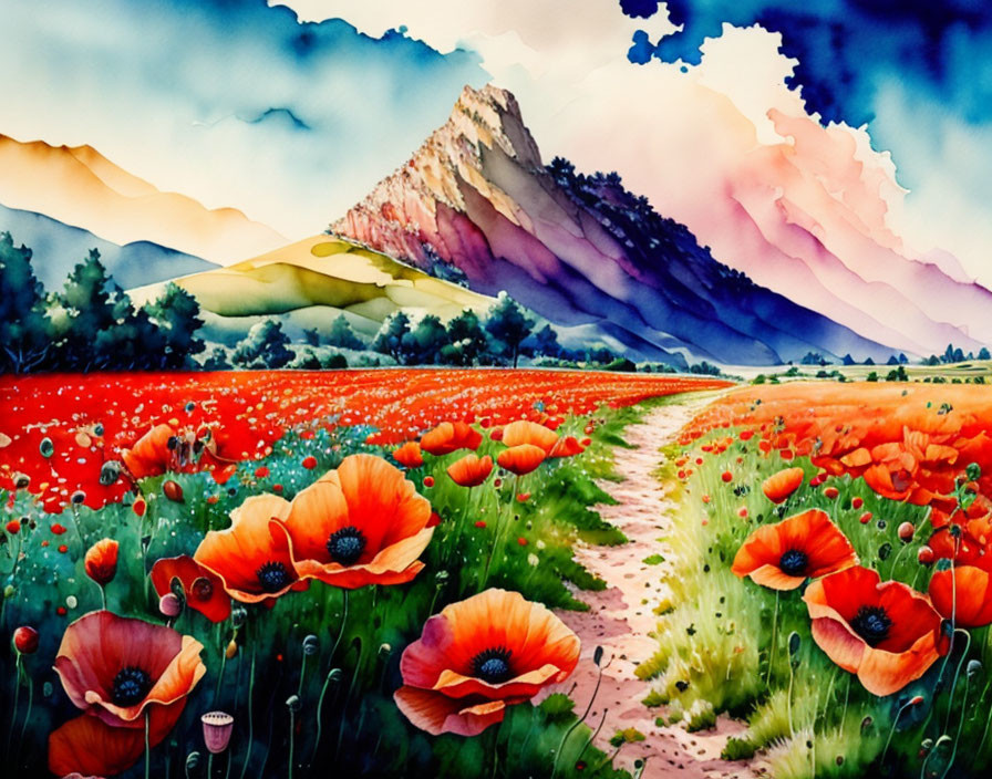 Vibrant watercolor painting of red poppies in a scenic landscape