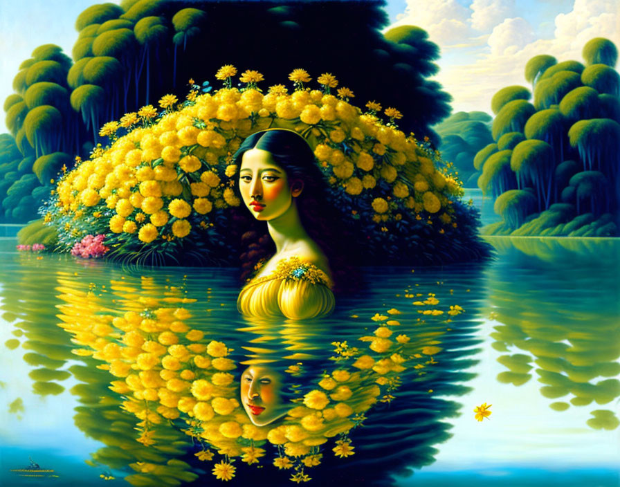 Surreal painting of woman's face in pond with lush greenery