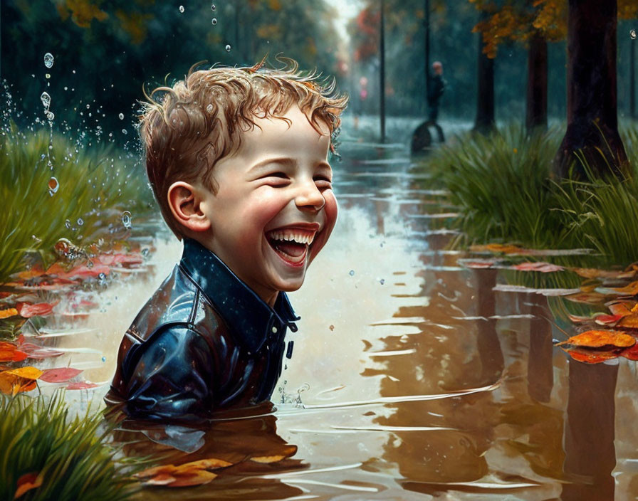 Child laughing in puddle on rainy day with fallen leaves & splashing water